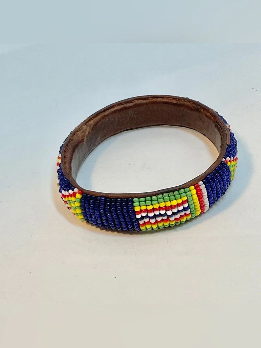 Native Am Style Leather Seed Bead Blue Red Green White 1/2” Bangle Bracelet